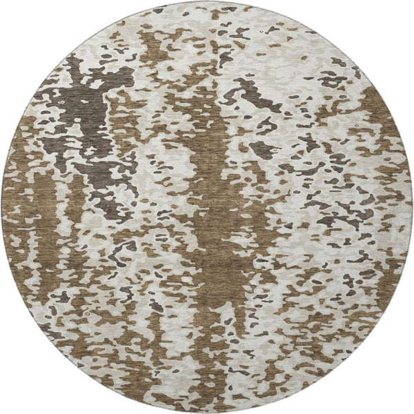 HomeRoots 8' Abstract Brown Ivory Beige Round Rug - Washable, UV Protected, Modern Design for Any Space 675105