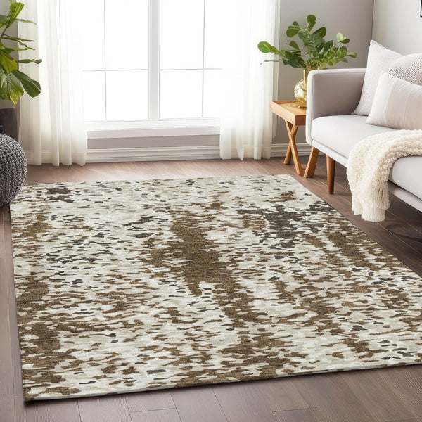 HomeRoots 8' X 10' Abstract Washable Area Rug in Brown, Ivory & Beige - UV Protected, Stain-Resistant Design 675106