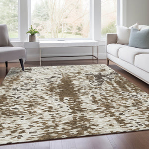 HomeRoots 8' X 10' Abstract Washable Area Rug in Brown, Ivory & Beige - UV Protected, Stain-Resistant Design 675106
