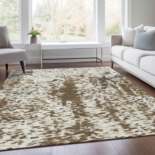 HomeRoots 8' X 10' Abstract Washable Area Rug in Brown, Ivory & Beige - UV Protected, Stain-Resistant Design 675106