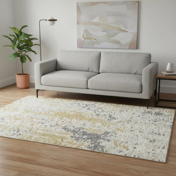 HomeRoots 5' Modern Gold Ivory Gray Abstract Washable Area Rug with UV Protection for Homes with Kids & Pets 675110
