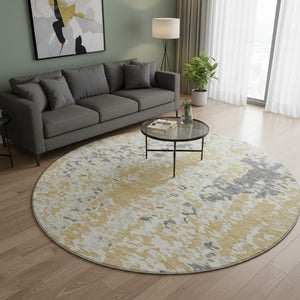 HomeRoots 8' Gold Ivory and Gray Abstract Washable Round Rug - Durable, Stylish, UV Protected for Modern Spaces 675111