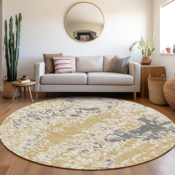 HomeRoots 8' Gold Ivory and Gray Abstract Washable Round Rug - Durable, Stylish, UV Protected for Modern Spaces 675111