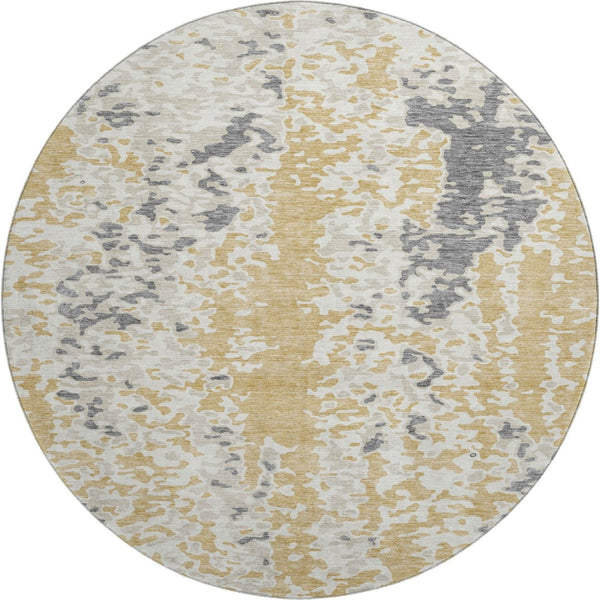 HomeRoots 8' Gold Ivory and Gray Abstract Washable Round Rug - Durable, Stylish, UV Protected for Modern Spaces 675111