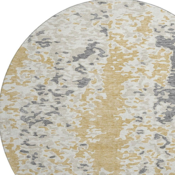 HomeRoots 8' Gold Ivory and Gray Abstract Washable Round Rug - Durable, Stylish, UV Protected for Modern Spaces 675111
