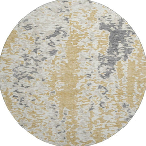 HomeRoots 8' Gold Ivory and Gray Abstract Washable Round Rug - Durable, Stylish, UV Protected for Modern Spaces 675111
