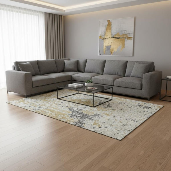 HomeRoots 9' X 12' Gold Ivory and Gray Abstract Area Rug – Washable, Stain-Resistant, UV-Protected Design for Homes 675113