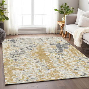 HomeRoots 10' Gold Ivory Gray Abstract Washable Area Rug - Durable, Stain Resistant, UV Protected for Families 675114