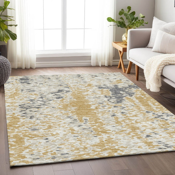 HomeRoots 10' Gold Ivory Gray Abstract Washable Area Rug - Durable, Stain Resistant, UV Protected for Families 675114