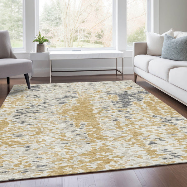 HomeRoots 10' Gold Ivory Gray Abstract Washable Area Rug - Durable, Stain Resistant, UV Protected for Families 675114
