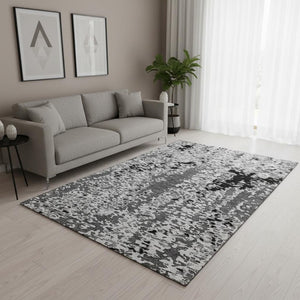 HomeRoots 5' X 8' Modern Abstract Area Rug in Gray, Silver & Black - Washable, UV Protected, Pet-Friendly Design 675116