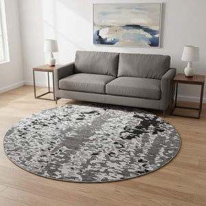 HomeRoots 8' Modern Gray Silver Black Abstract Washable Round Rug with UV Protection for High Traffic Areas 675117