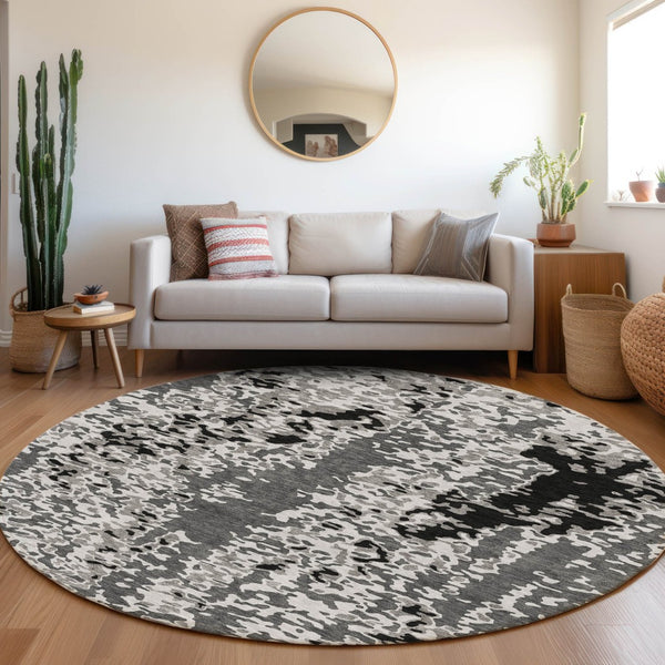 HomeRoots 8' Modern Gray Silver Black Abstract Washable Round Rug with UV Protection for High Traffic Areas 675117