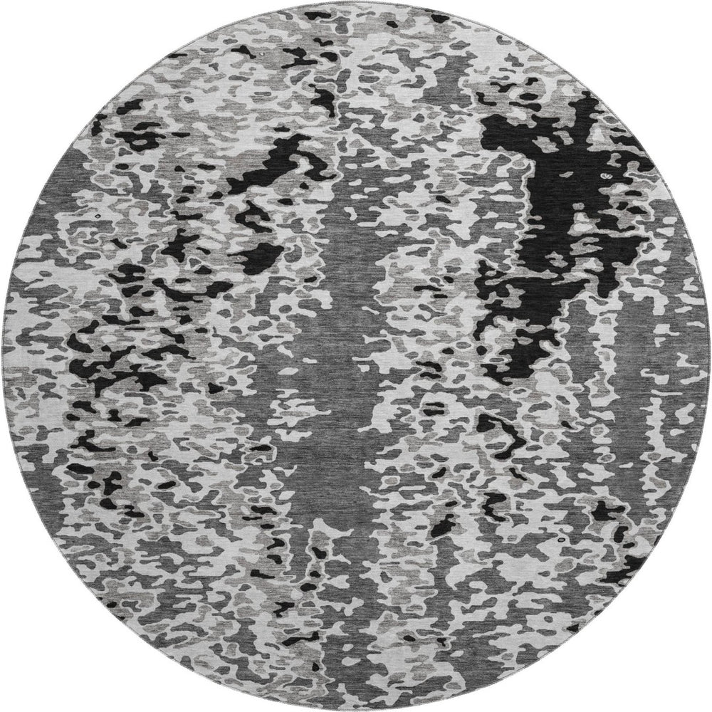 HomeRoots 8' Modern Gray Silver Black Abstract Washable Round Rug with UV Protection for High Traffic Areas 675117
