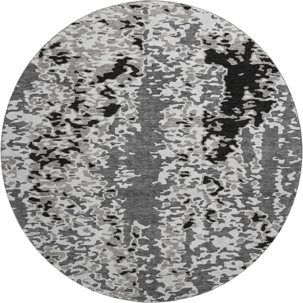 HomeRoots 8' Modern Gray Silver Black Abstract Washable Round Rug with UV Protection for High Traffic Areas 675117