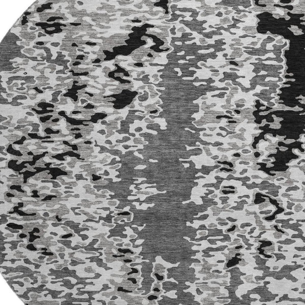 HomeRoots 8' Modern Gray Silver Black Abstract Washable Round Rug with UV Protection for High Traffic Areas 675117