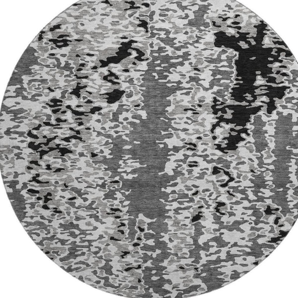 HomeRoots 8' Modern Gray Silver Black Abstract Washable Round Rug with UV Protection for High Traffic Areas 675117