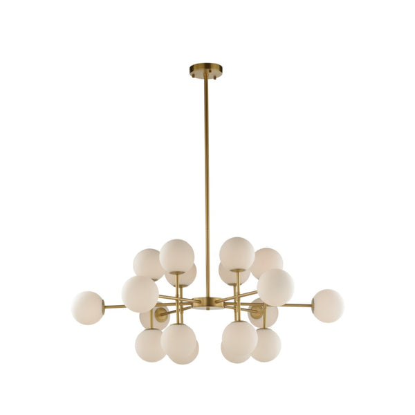 Wildwood Rue Saint-Anne Antique Brass Chandelier With Milk Glass Globes, Mid-Century Modern Statement Fixture 67512