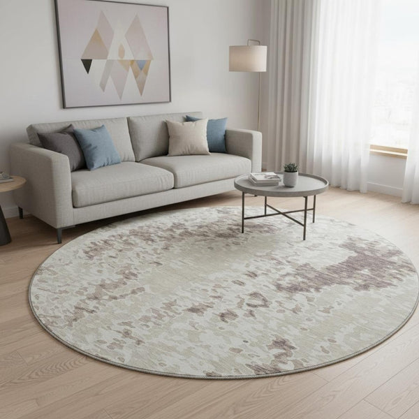 HomeRoots 8' Ivory and Beige Abstract Round Rug - Washable, UV Protected, Stain Resistant for High-Traffic Areas 675123