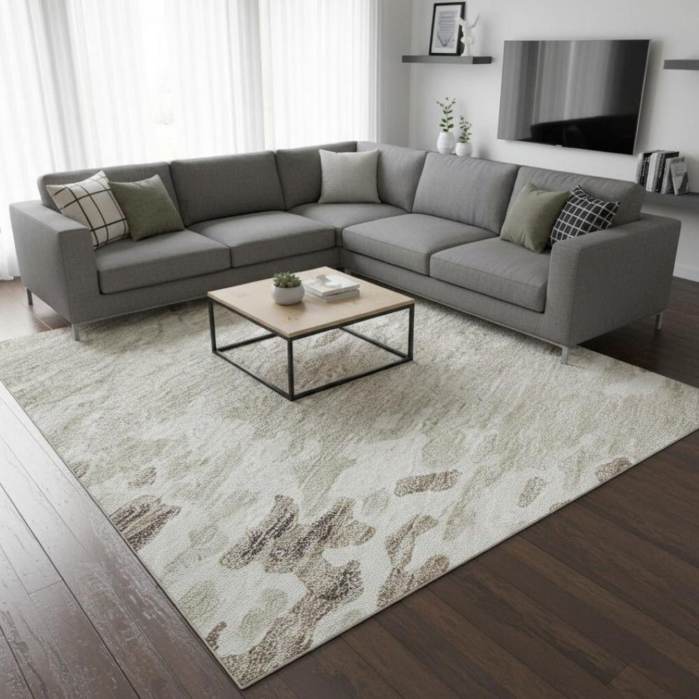 HomeRoots 8' X 10' Elegant Ivory and Beige Abstract Washable Area Rug with UV Protection for Busy Homes 675124