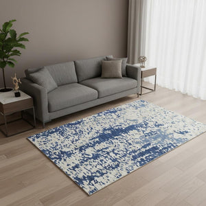 HomeRoots 5' Navy Blue & Ivory Abstract Washable Area Rug - Stylish, Durable & UV-Protected for Every Home 675128