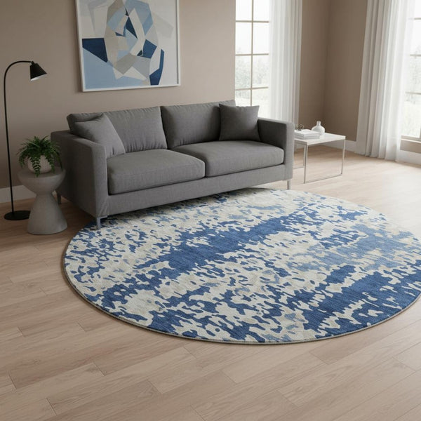 HomeRoots 8' Navy Blue and Ivory Abstract Round Rug – Washable, UV Protected, Stain Resistant for Modern Homes 675129