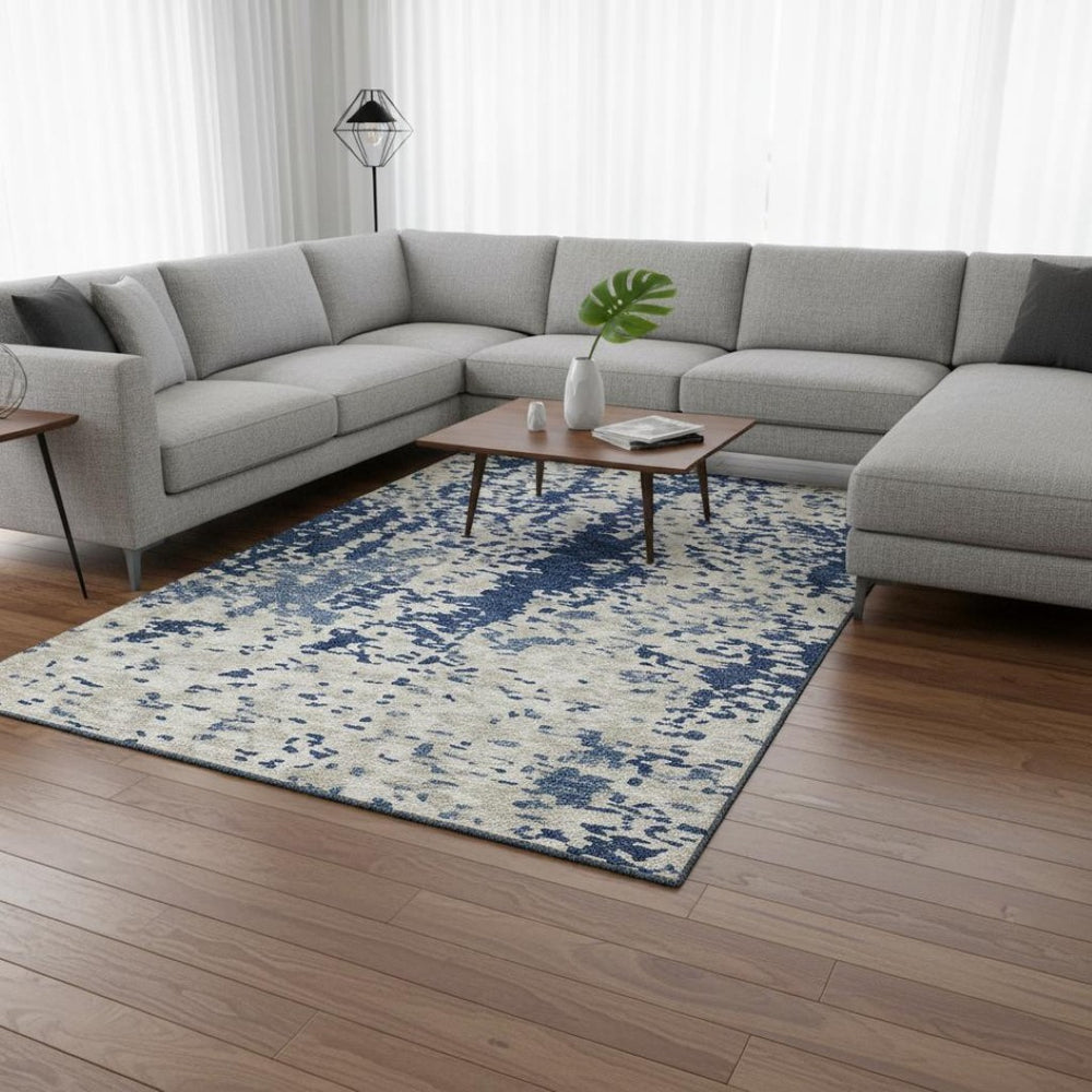 HomeRoots 8' X 10' Navy Blue & Ivory Abstract Area Rug - Washable, UV-Protected, Stain-Resistant & Stylish! 675130