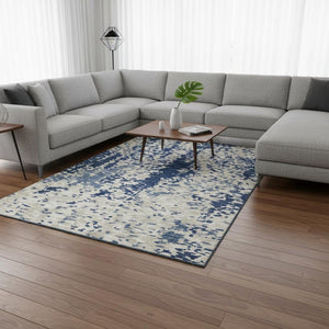 HomeRoots 8' X 10' Navy Blue & Ivory Abstract Area Rug - Washable, UV-Protected, Stain-Resistant & Stylish! 675130