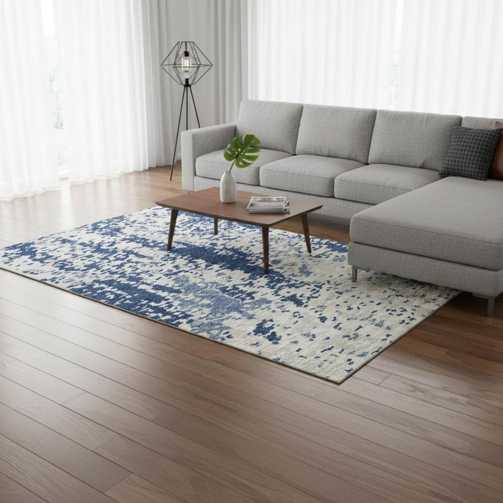 HomeRoots 10' X 14' Navy Blue & Ivory Abstract Area Rug - Washable, UV-Protected, Durable for Homes with Kids & Pets 675132