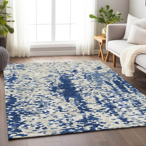 HomeRoots 10' X 14' Navy Blue & Ivory Abstract Area Rug - Washable, UV-Protected, Durable for Homes with Kids & Pets 675132