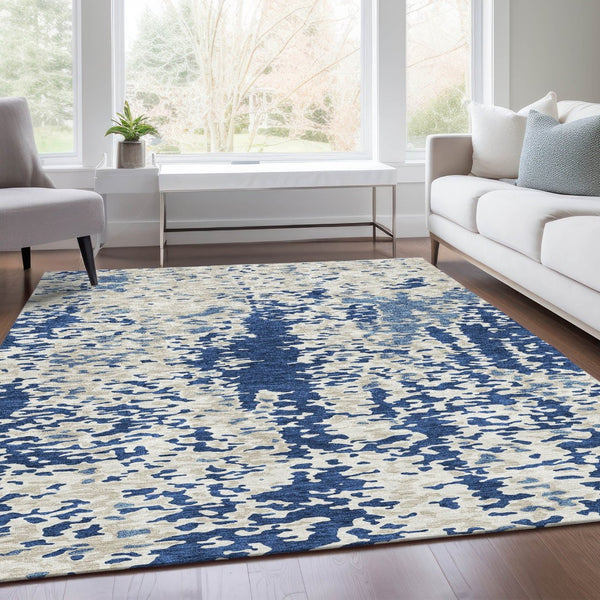 HomeRoots 10' X 14' Navy Blue & Ivory Abstract Area Rug - Washable, UV-Protected, Durable for Homes with Kids & Pets 675132
