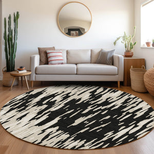 HomeRoots 8' Black And Ivory Abstract Round Rug - Washable, UV Protected, Durable & Family-Friendly Design! 675135