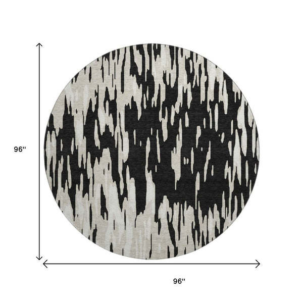 HomeRoots 8' Black And Ivory Abstract Round Rug - Washable, UV Protected, Durable & Family-Friendly Design! 675135