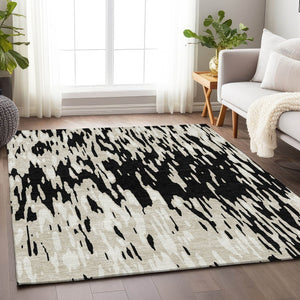 HomeRoots 8' X 10' Modern Black and Ivory Abstract Washable Area Rug with UV Protection for Home Elegance 675136