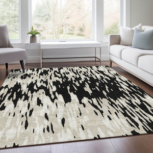HomeRoots 8' X 10' Modern Black and Ivory Abstract Washable Area Rug with UV Protection for Home Elegance 675136