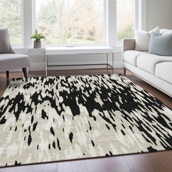 HomeRoots 8' X 10' Modern Black and Ivory Abstract Washable Area Rug with UV Protection for Home Elegance 675136