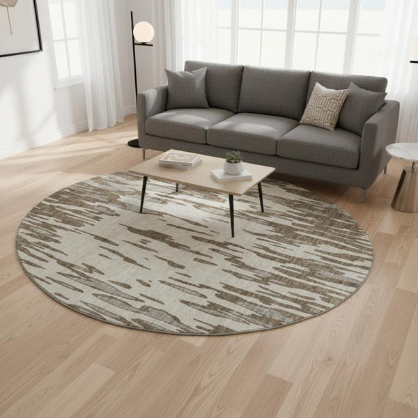 HomeRoots 8' Brown And Ivory Abstract Round Washable Rug - UV Protected, Stain Resistant, Ideal for Active Homes 675141