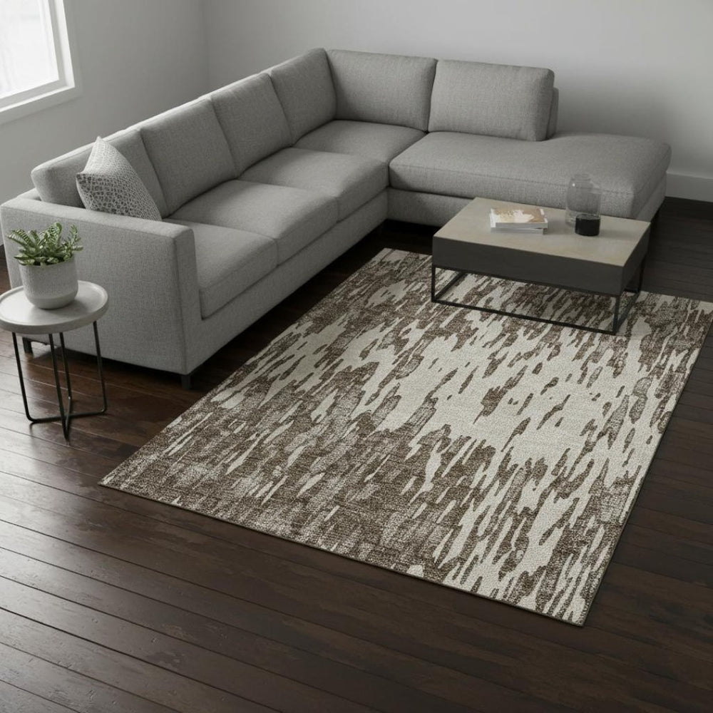 HomeRoots 8' X 10' Brown and Ivory Abstract Area Rug - Washable, Stain Resistant, UV Protected for Easy Care 675142