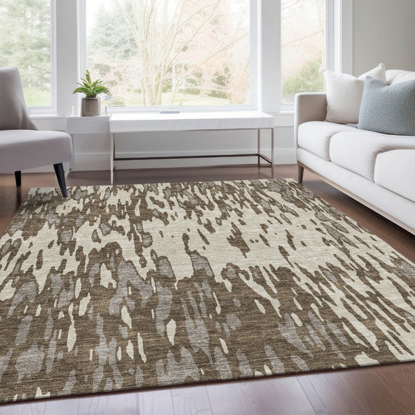 HomeRoots 8' X 10' Brown and Ivory Abstract Area Rug - Washable, Stain Resistant, UV Protected for Easy Care 675142