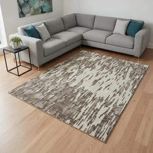 HomeRoots 10' X 14' Stylish Brown and Ivory Abstract Washable Area Rug with UV Protection for High-Traffic Homes 675144
