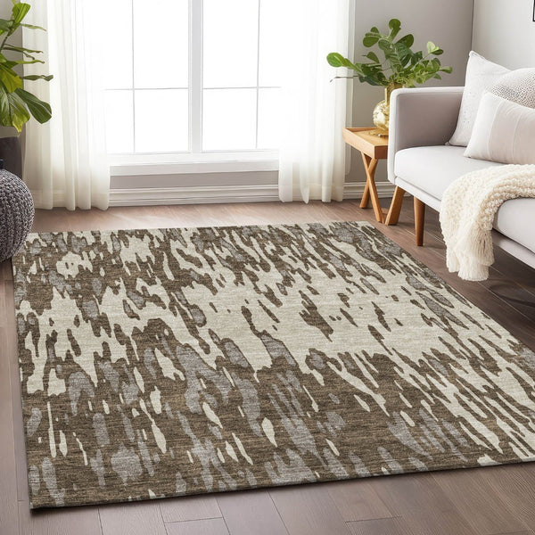 HomeRoots 10' X 14' Stylish Brown and Ivory Abstract Washable Area Rug with UV Protection for High-Traffic Homes 675144