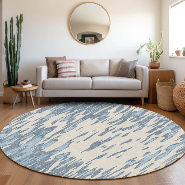 HomeRoots 8' Denim Blue and Ivory Abstract Washable Round Rug – Stylish, UV-Protected, Stain-Resistant Decor Piece 675147