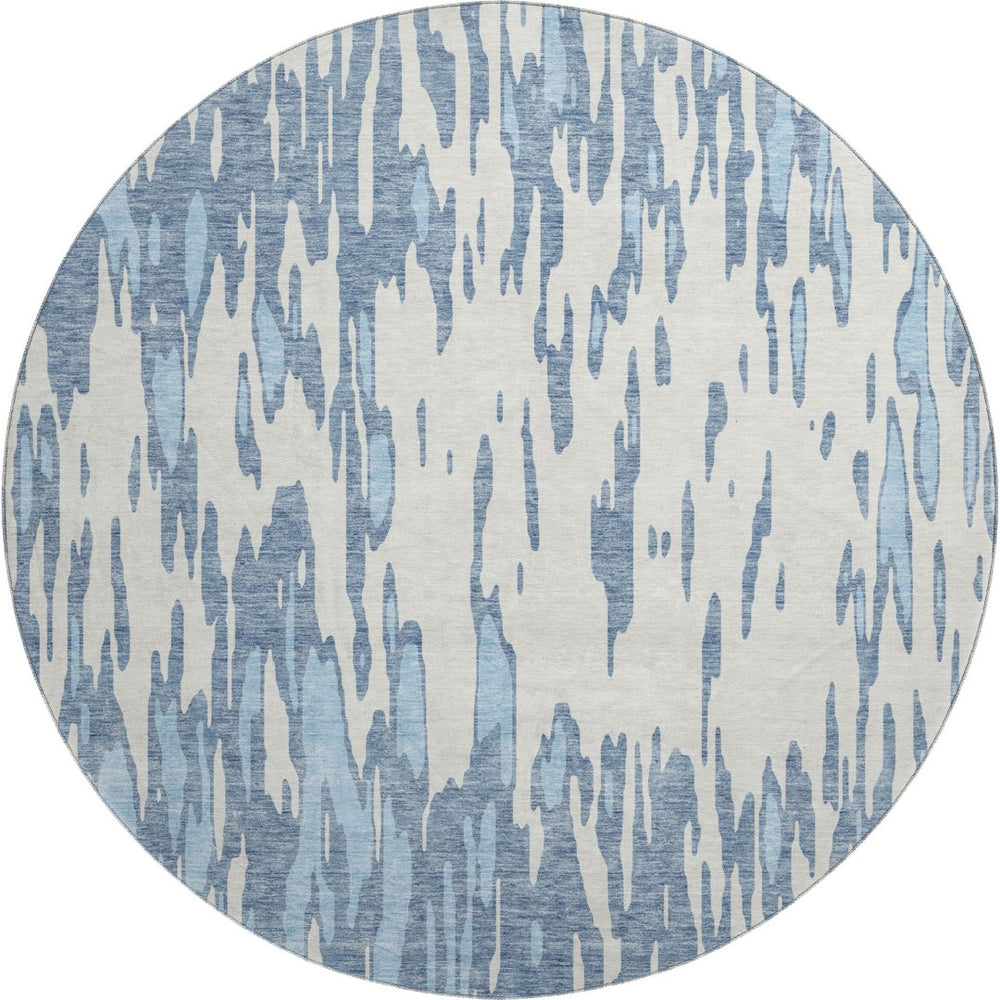 HomeRoots 8' Denim Blue and Ivory Abstract Washable Round Rug – Stylish, UV-Protected, Stain-Resistant Decor Piece 675147