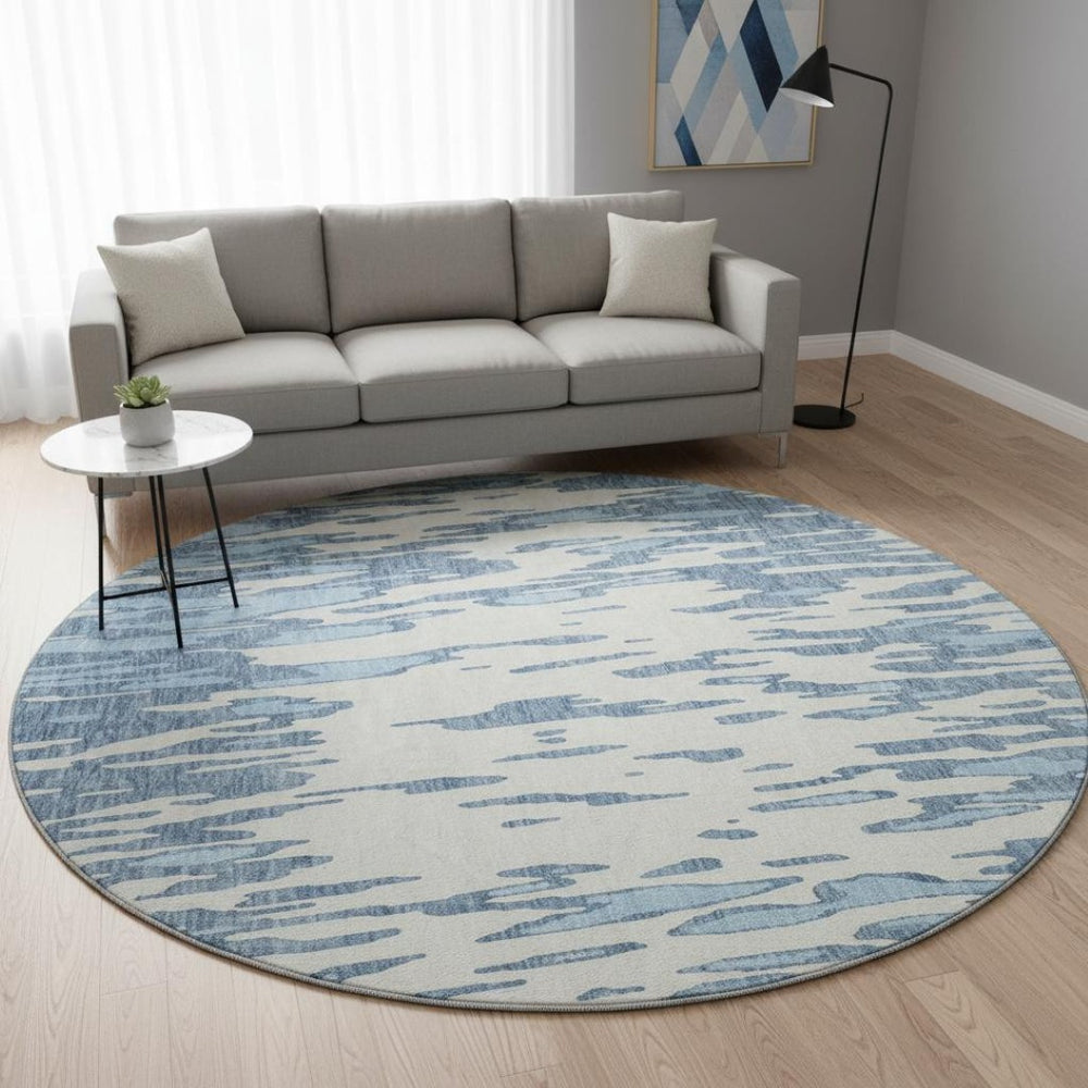 HomeRoots 8' Denim Blue and Ivory Abstract Washable Round Rug – Stylish, UV-Protected, Stain-Resistant Decor Piece 675147