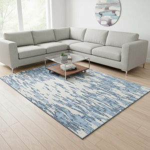 HomeRoots 8' X 10' Stylish Denim Blue & Ivory Abstract Washable Area Rug with UV Protection for High-Traffic Areas 675148