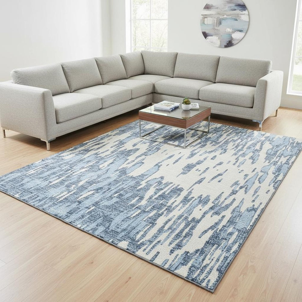 HomeRoots 9' X 12' Denim Blue & Ivory Abstract Area Rug – Stylish, Washable, UV-Protected for Busy Homes 675149