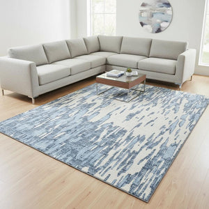 HomeRoots 9' X 12' Denim Blue & Ivory Abstract Area Rug – Stylish, Washable, UV-Protected for Busy Homes 675149