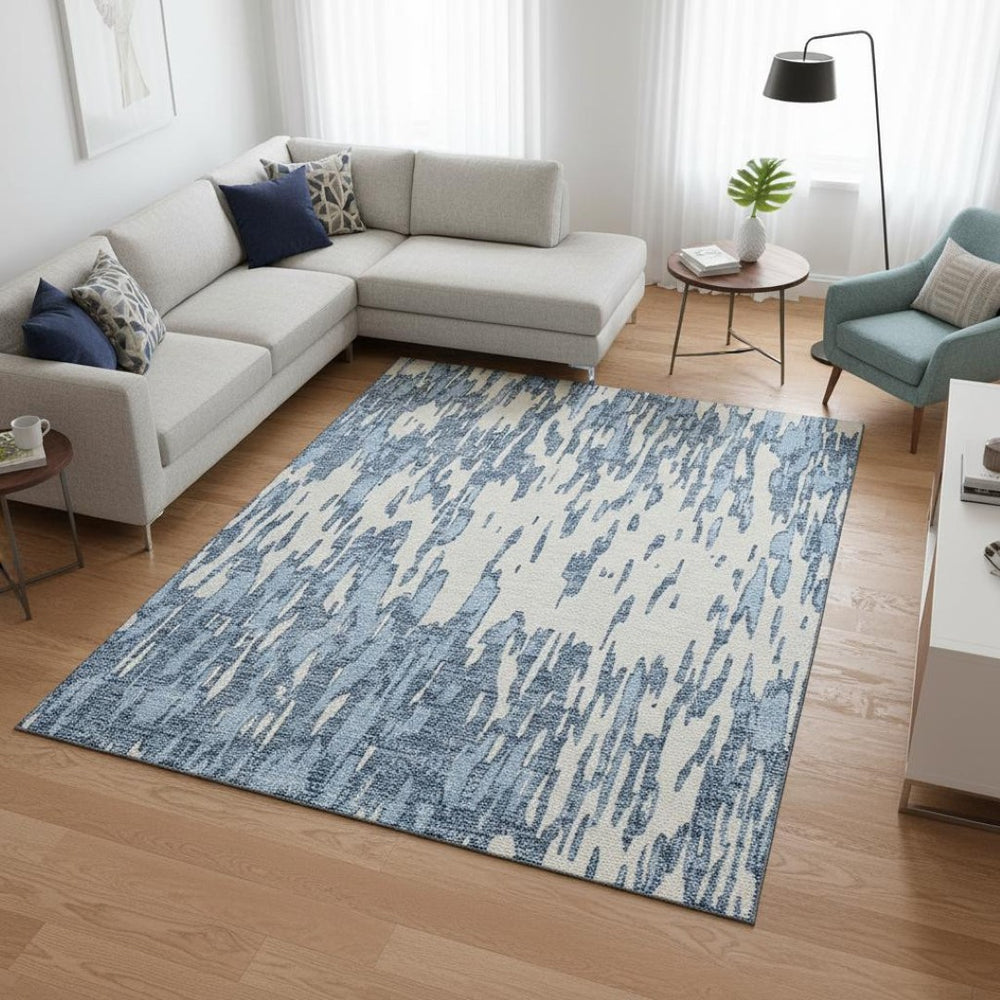 HomeRoots 10' X 14' Denim Blue Abstract Washable Area Rug with UV Protection for Stylish Living Spaces 675150