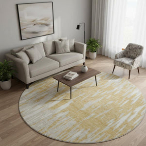 HomeRoots 8' Gold and Ivory Abstract Washable Round Rug - Stylish, UV-Protected, Durable for Any Space 675153
