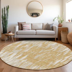 HomeRoots 8' Gold and Ivory Abstract Washable Round Rug - Stylish, UV-Protected, Durable for Any Space 675153